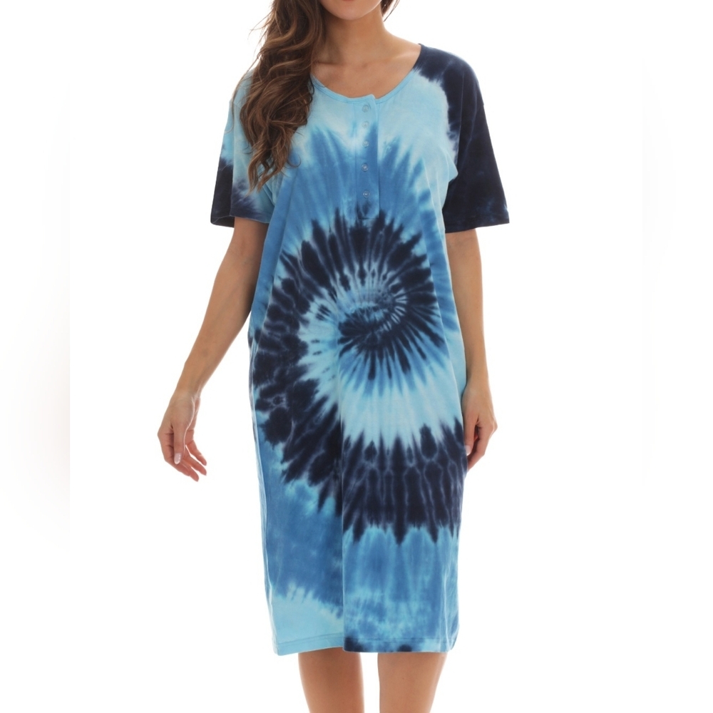 JUST LOVE 2X 100% Cotton Tie Dye Blue Loungewear Pajama Dress Coverup 3/4 Button